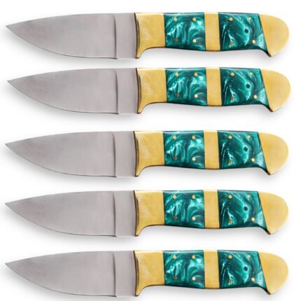 Five repeated horizontal views of a turquoise marbled handle knife with satin-finished blade and gold-toned decorative fittings.