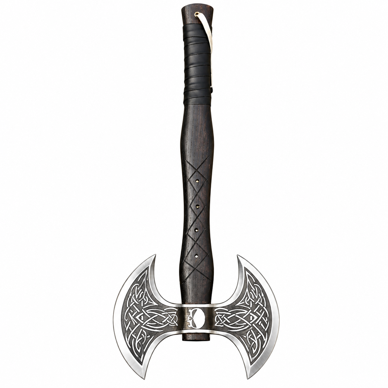 ee554a57-b631-4118-a0ac-b23a5c3ccd45 Double headed Viking axe with silver-toned crescent blades, intricate Celtic knotwork, dark wood-grain handle, black wrapped grip and light hanging cord.
