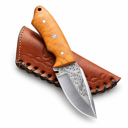 Engraved Skinner Knife with silver floral patterned blade, honey-brown wood-style handle and brown stitched sheath