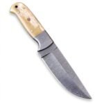 Cream Handle Damascus Hunting Knife with curved silver patterned blade, decorative metal bolster, pale ivory-look handle and reddish-brown stitched sheath