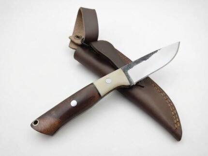 Two-Tone Handle Fixed Blade Hunting Knife with polished pointed blade, brown wood-grain and cream handle, and stitched brown sheath