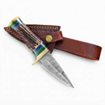 Antler-Look Damascus Pattern Hunting Knife with silver-gray patterned blade, brown textured handle, blue-green spacers, gold-colored guard and brown stitched sheath.