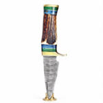 Antler-Look Damascus Pattern Hunting Knife with silver-gray patterned blade, brown textured handle, blue-green spacers, gold-colored guard and brown stitched sheath.