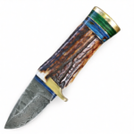 Antler-Look Damascus Pattern Hunting Knife with silver-gray patterned blade, brown textured handle, blue-green spacers, gold-colored guard and brown stitched sheath.