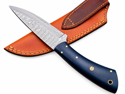 Blue Handle Damascus Hunting Knife with silver-gray patterned pointed blade, navy blue contoured grip, gold-tone pins and decorative mosaic fitting