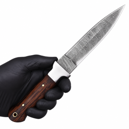 Damascus Pattern Hunting Knife with pointed silver-gray patterned blade, dark brown wood-look handle, polished bolster and gold-colored pins