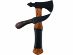 Handcrafted-style axe and knife set with black blades, wood-look handles, wrapped axe grip, and matching black sheath covers.
