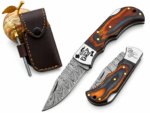 Five Damascus-Patterned Folding Pocket Knife variations featuring green, blue, black, orange, and red handles with decorative silver bolsters and patterned blades.