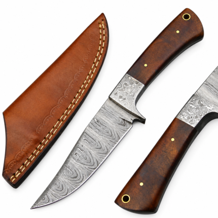 Damascus Style Hunting Knife with layered silver blade, dark brown wood-look handle, patterned bolster and brown stitched sheath