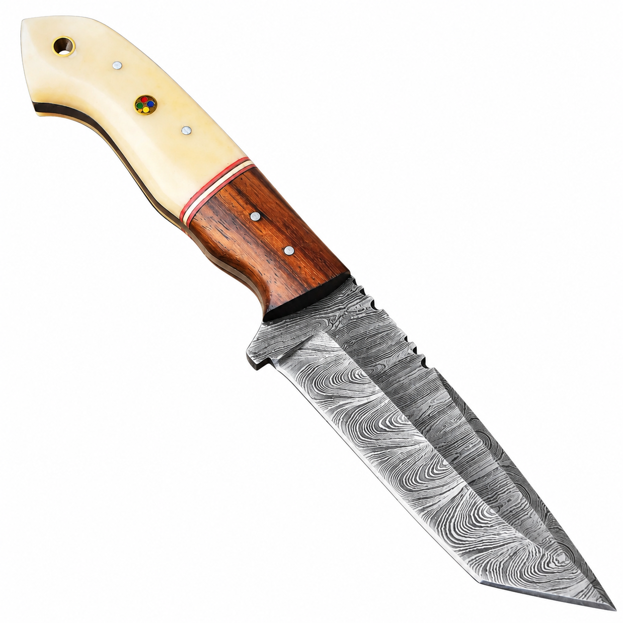 f1f18a9f-3553-46ea-ae85-c90c89962028 Two tone handle Damascus knife with patterned tanto-style blade, cream and brown grip, red spacer, mosaic pin, and lanyard opening