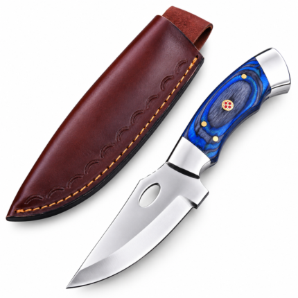 Blue wood handle hunting knife with polished curved fixed blade, silver-tone fittings and brown leather-style sheath on white background.