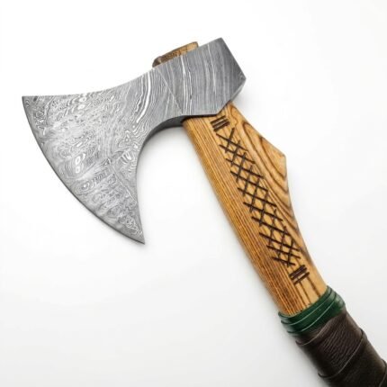 Wrapped handle Viking axe with a gray patterned head, crosshatched brown grain-look shaft, and dark brown grip bordered by green bands.