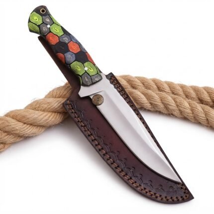 Multicolor handle fixed blade knife with broad curved silver blade, green orange and gray patterned grip, and brown embossed stitched sheath.