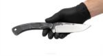 Rustic Black Skinner Knife Blank with mottled dark blade, curved silver cutting bevel, exposed full tang and four visible handle holes