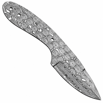 Raindrop Damascus Knife Blank with silver and black circular patterns, curved pointed blade, exposed tang and three mounting holes