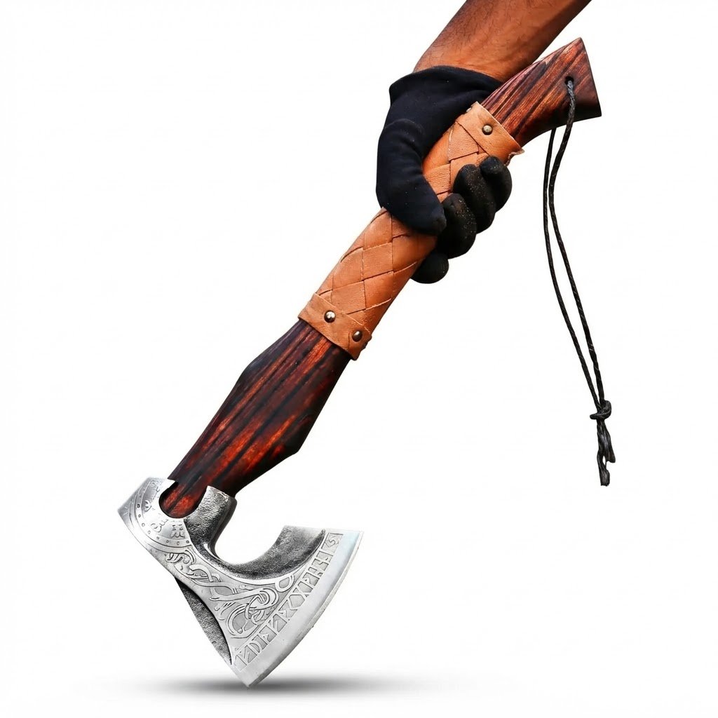 f3d76f6a-2e24-4d32-9ec6-9c3c0cecd6eb Engraved Viking axe with silver-gray bearded head, Nordic knotwork patterns, long reddish-brown wood-look handle and tan basketweave-patterned wrap, held by a black-gloved hand.