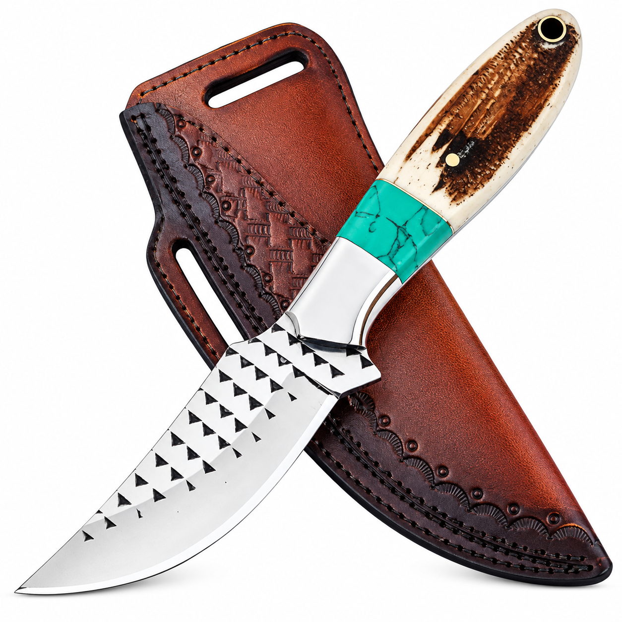 f3f172a2-0308-41d2-aee1-ff301c694e6b Turquoise accent fixed blade knife with triangular blade details and a cream-and-brown handle, resting diagonally over a brown basketweave-style sheath.