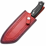 Black Handle Tanto Hunting Knife with Satin Finish Steel Blade, Angular Tanto Point, Black Contoured Grip and Red Leather Sheath