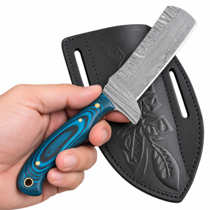 Blue Handle Damascus Cleaver with a long silver-gray patterned blade, contoured blue-and-black handle, gold-tone pins and embossed black sheath with two belt-style slots.