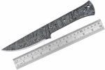 Five Damascus Pattern Full Tang Knife Blanks with matching black and silver patterned curved blades and pre-drilled handle tang holes