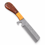 Damascus pattern cleaver knife featuring a broad straight-edged blade with detailed wave patterns, curved heel cutout, and orange and dark-brown two-tone handle.