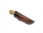 Two-Tone Wood Handle Damascus Hunting Knife with patterned drop-point blade, golden-brown and dark wood-grain handle, beside a brown stitched sheath.