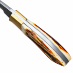 Stag-style gut hook knife with a grey patterned blade, curved brown-and-cream handle, two gold-tone pins and a broad gold-tone bolster