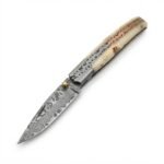 Damascus Folding Pocket Knife shown open with a patterned silver-gray blade, gold-colored thumb stud, cream bone-style handle and decorative metal inlay.