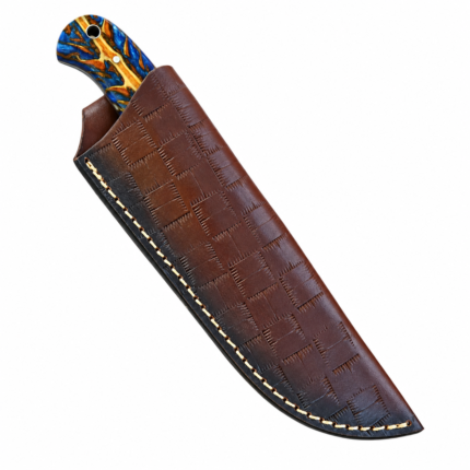 Blue handle fixed blade knife with gold-brown marbling and a Damascus-style blade beside a brown basket-pattern sheath with pale stitching.
