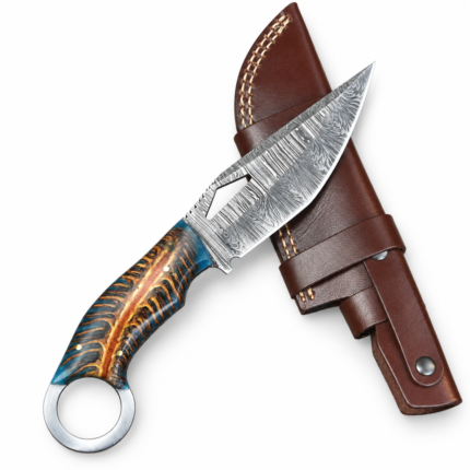 Damascus ring handle hunting knife with patterned blade, blue and amber marbled grip, circular pommel and brown stitched sheath