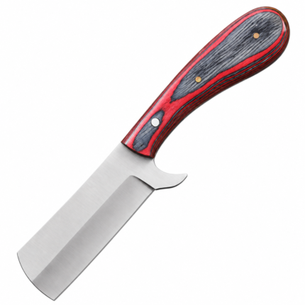 Full side view of a cleaver-style fixed-blade knife showing broad silver-colored blade, curved metal projection and red-black layered handle.