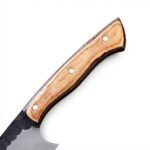 Wood Handle Fixed Blade Hunting Knife with silver drop-point blade, dark scalloped spine, light brown three-pin handle and tan stitched sheath.