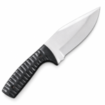 Reverse view of satin-finished fixed blade hunting knife with long black textured handle and contoured finger guard