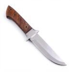 Fixed blade hunting knife with polished silver blade, reddish-brown wooden-look handle, metal guard and matching brown stitched sheath.