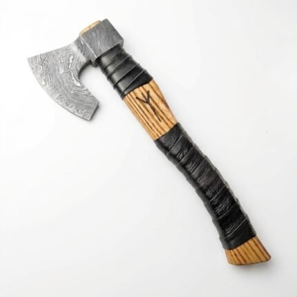 Damascus Pattern Bearded Hatchet with silver-grey curved axe head, striped brown wood-look handle, black wrapped grip and V-shaped handle marking