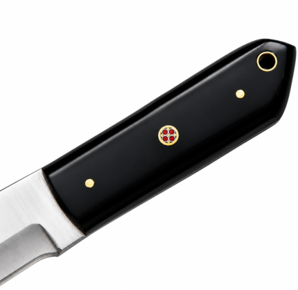 Black Handle Clip Point Knife featuring a satin silver angular blade, gold-colored decorative handle pins and a brown embossed stitched sheath