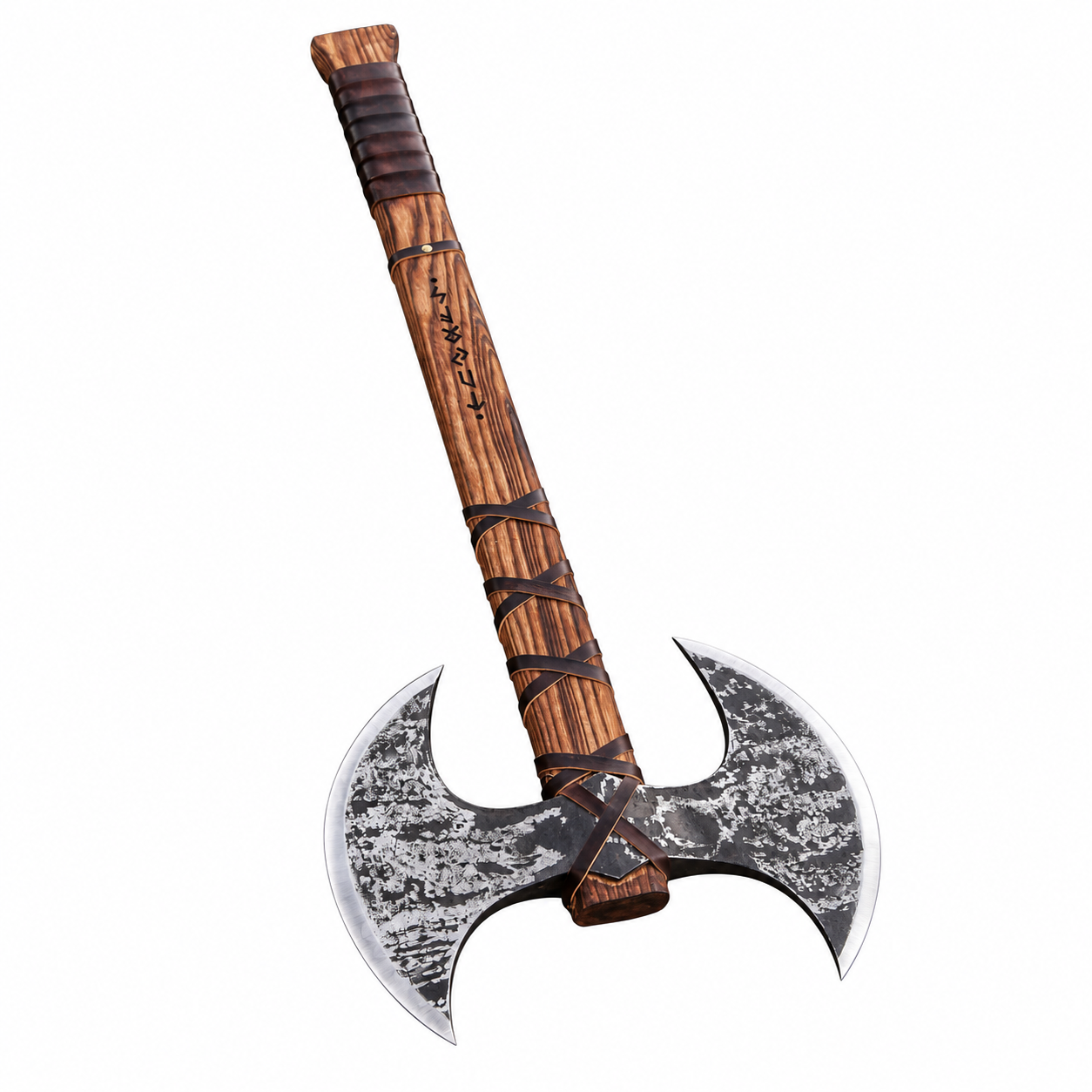 fe20fb7a-bc6f-46dd-87d8-62e3ba6c8490 Double bit Viking axe with two crescent-shaped blades, dark rustic metal finish, silver edges, long brown wood-grain handle, and decorative wrapping.