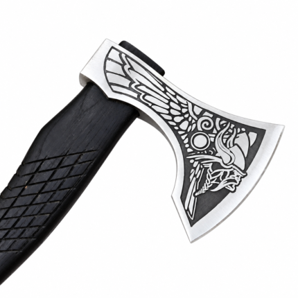 Engraved Viking Bearded Axe with silver-toned curved blade, intricate Nordic warrior design, black decorative engravings, and textured black handle.