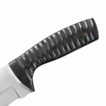Close-up of black textured hunting knife handle with oval grip grooves and two recessed circular fasteners