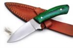 Green Handle Hunting Knife with smooth silver drop-point blade, green-and-black wood-grain-look grip and reddish-brown stitched sheath