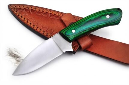 Green Handle Hunting Knife with smooth silver drop-point blade, green-and-black wood-grain-look grip and reddish-brown stitched sheath