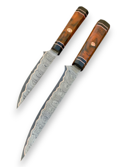 Damascus Pattern Knife Set showing two long pointed blades with flowing silver-gray patterns, brown marbled handles, black fittings and copper-colored accents.