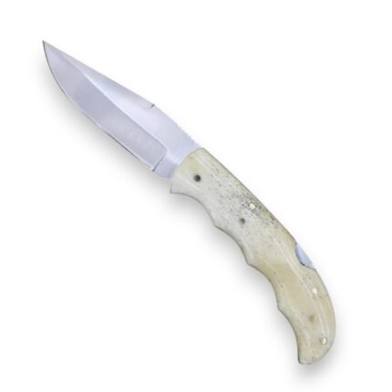 Cream handle folding pocket knife shown open with a pointed silver-colored blade, pale speckled curved grip, and multiple circular metallic pins