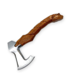 Viking Bearded Axe with curved silver-toned blade, rustic brown wooden handle, angular rear projection, and decorative dark brown leather-style sheath