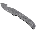 Damascus Pattern Gut Hook Knife Blank with silver and black layered-style design, three handle holes and hooked blade tip