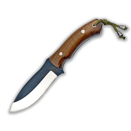 Wood Handle Hunting Knife with curved black and silver blade, brown wood-grain handle, two metal pins and olive-green cord lanyard