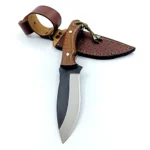 Wood Handle Hunting Knife with curved black and silver blade, brown wood-grain handle, two metal pins and olive-green cord lanyard