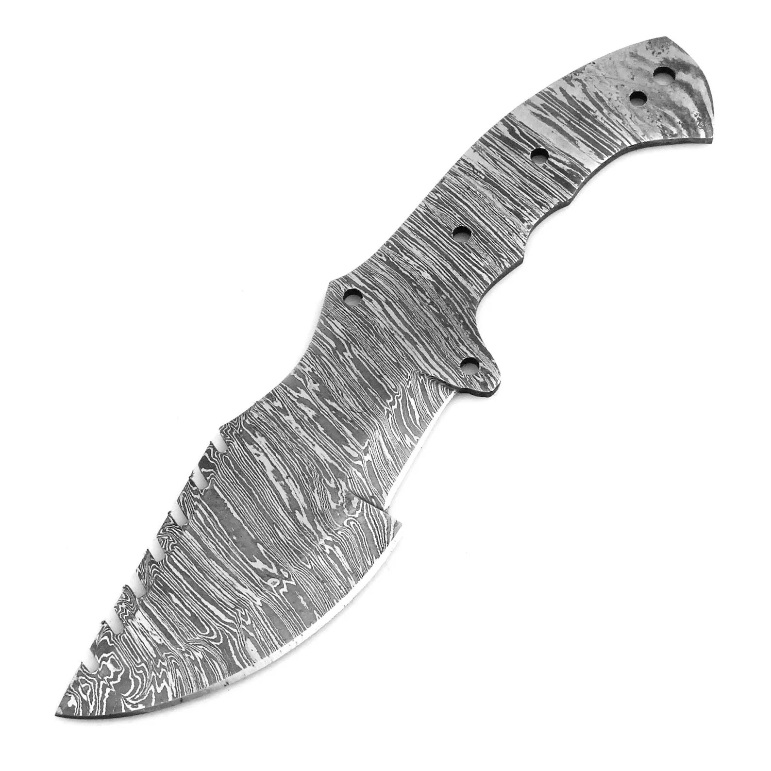 Damascus Pattern Full Tang Knife Blank with a broad curved blade, notched spine, six circular handle holes, and exposed finger-contoured metal tang