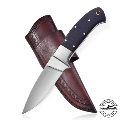 Black Handle Fixed Blade Hunting Knife with Brown Leather Sheath
