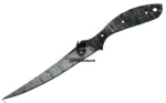 Damascus Pattern Dagger Blade Blank with long pointed blade, black and silver wave patterns, and curved unfinished tang with four mounting holes